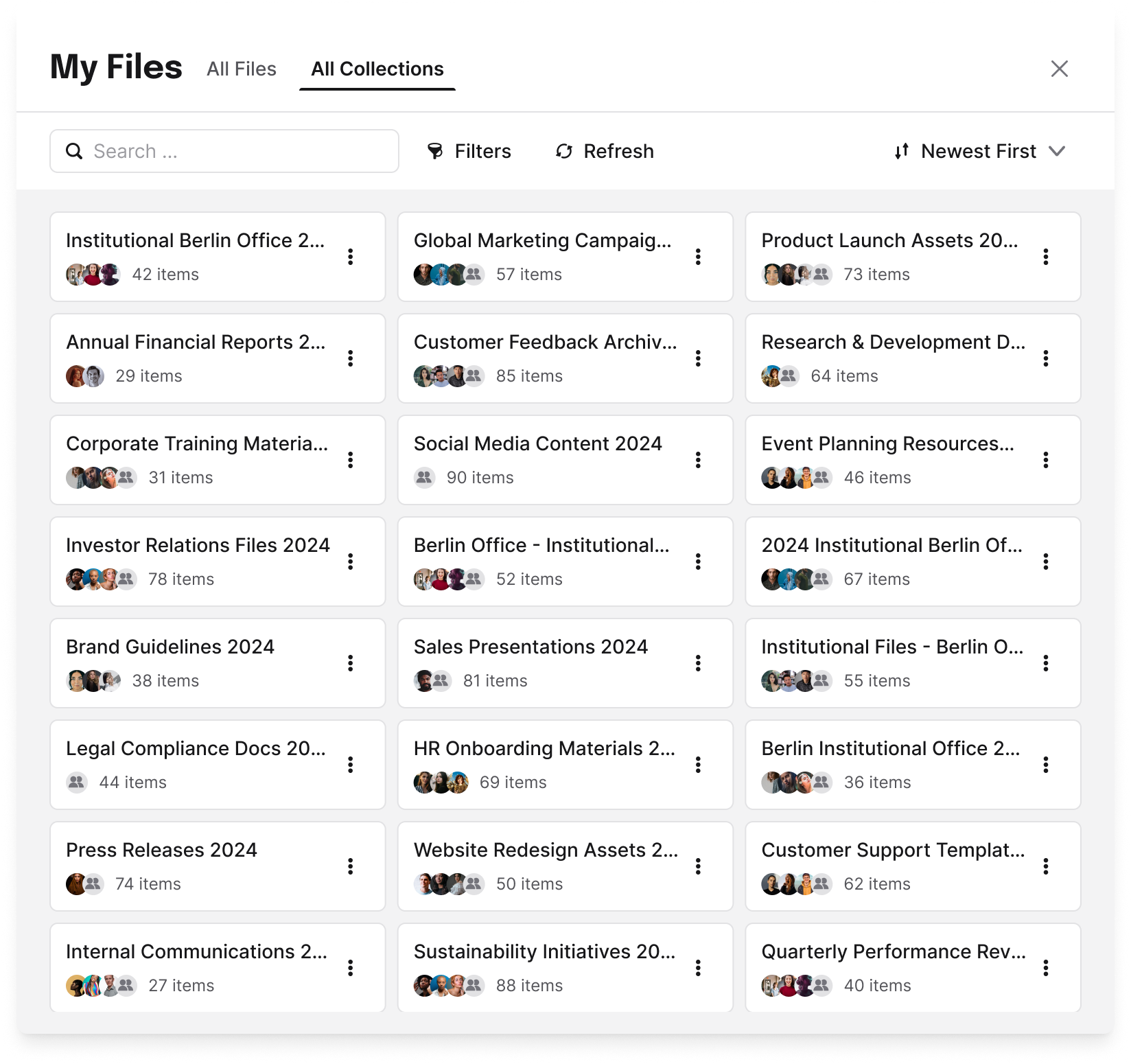 My Files editor modal on the All Collections tab: a grid of collections an admin has shared with the editor.